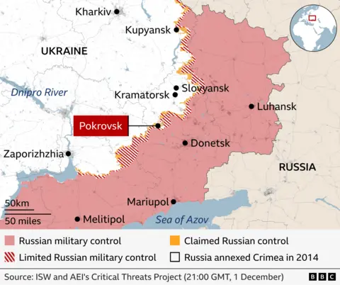 A map showing front line control in Ukraine